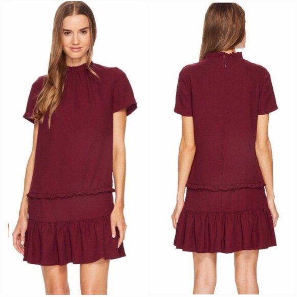 Kate Spade Large Mini Dress Short Sleeve Ruffle Deep Cherry Burgundy - Picture 2 of 10